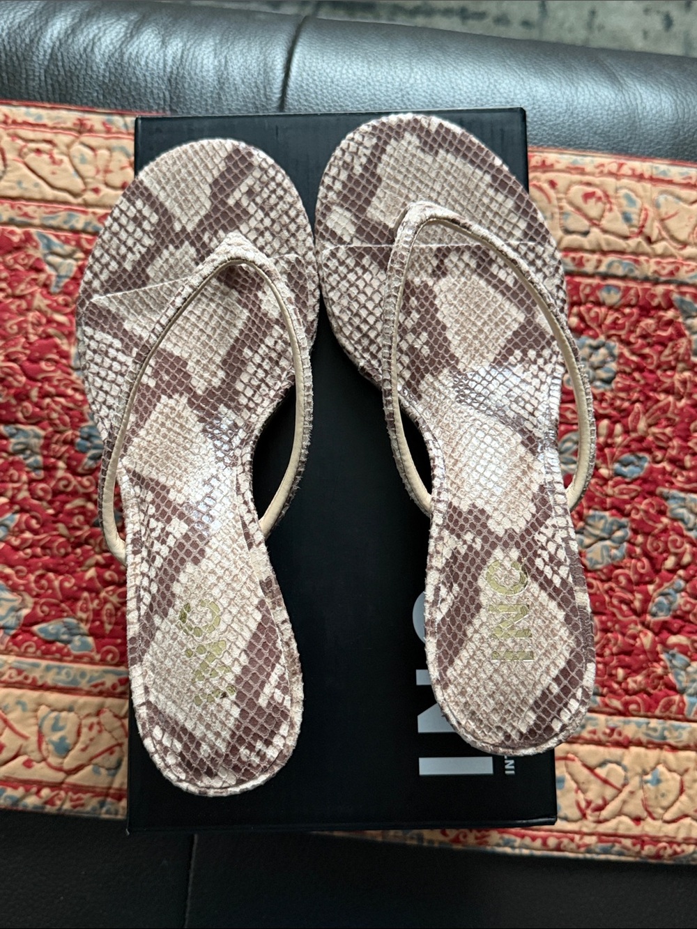 INC International Concepts Snake-Print Flip Flop Sandals in Brown and Cream